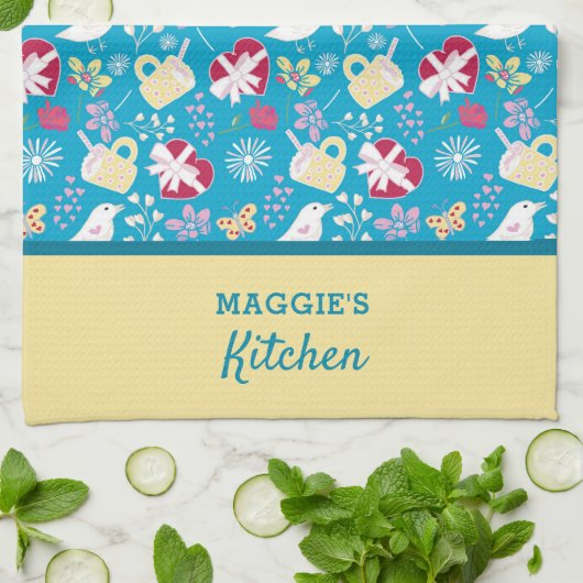 Niedliches Country Blue Retro Teakup Herzengeburtm Geschirrtuch (Gefaltet)