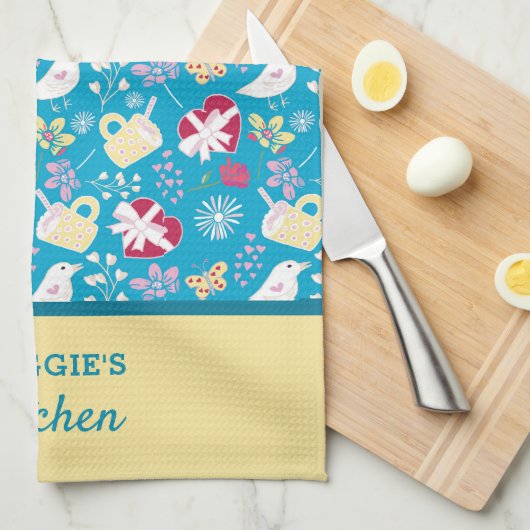 Niedliches Country Blue Retro Teakup Herzengeburtm Geschirrtuch (Viertel Falte)