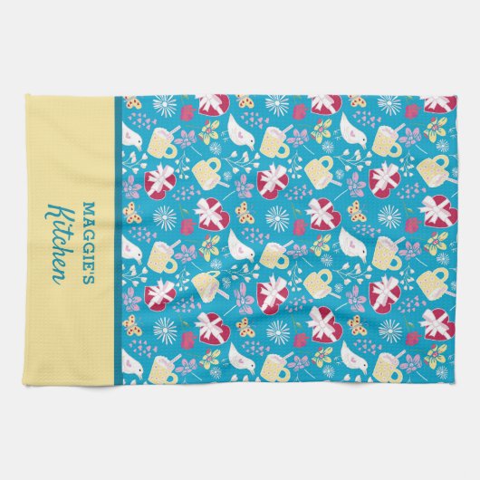 Niedliches Country Blue Retro Teakup Herzengeburtm Geschirrtuch (Horizontal)