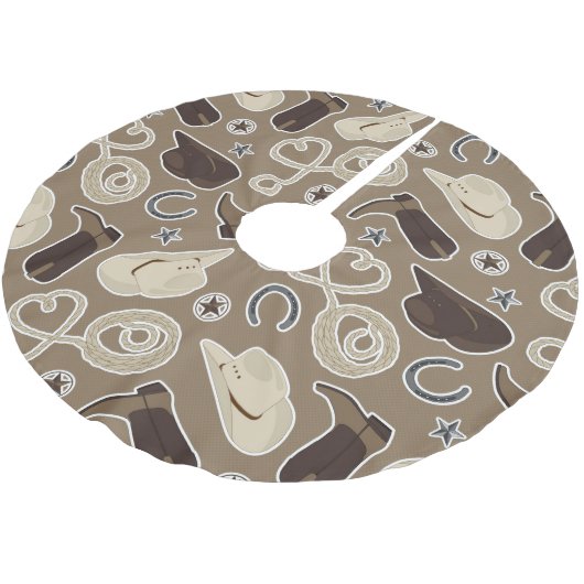 Niedliches Cowboy-Thema-Muster Brown Polyester Weihnachtsbaumdecke (Schrägansicht)
