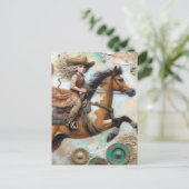 Niedliches Cowgirl auf einem Pinto Pferd Postkarte (Stehend Vorderseite)