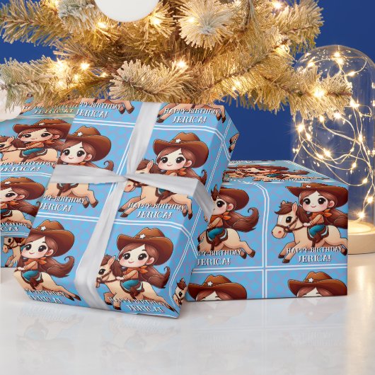Niedliches Cowgirl und Pferd Western Geburtstag Geschenkpapier (Feiertage)
