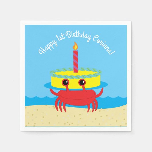 Niedliches Crab Beach 1. Geburtstag Party Serviette (Vorderseite)