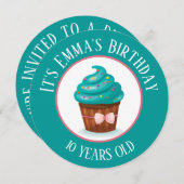 Niedliches Cupcake mit Aquamarinem Icing Kindergeb Einladung (Vorne/Hinten)