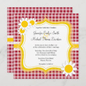 Niedliches Daisy auf Carmine Red Gingham; Checked Einladung (Vorne/Hinten)