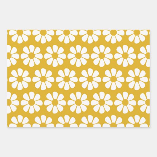 Niedliches Daisy Muster Mustard Gold und White Geschenkpapier Set (Vorderseite 2)