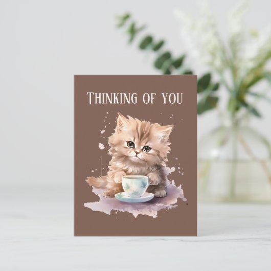 Niedliches Denken an deine Kaffeekatze Postkarte (Stehend Vorderseite)