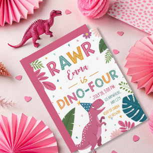 Niedliches Dino-Four Pink Dinosaurier Girl 4. Gebu Einladung