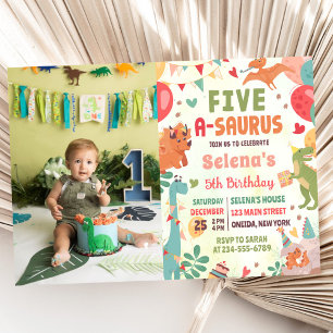 Niedliches Dinosaur 5-A-Saurus 5. GeburtstagsFoto Einladung