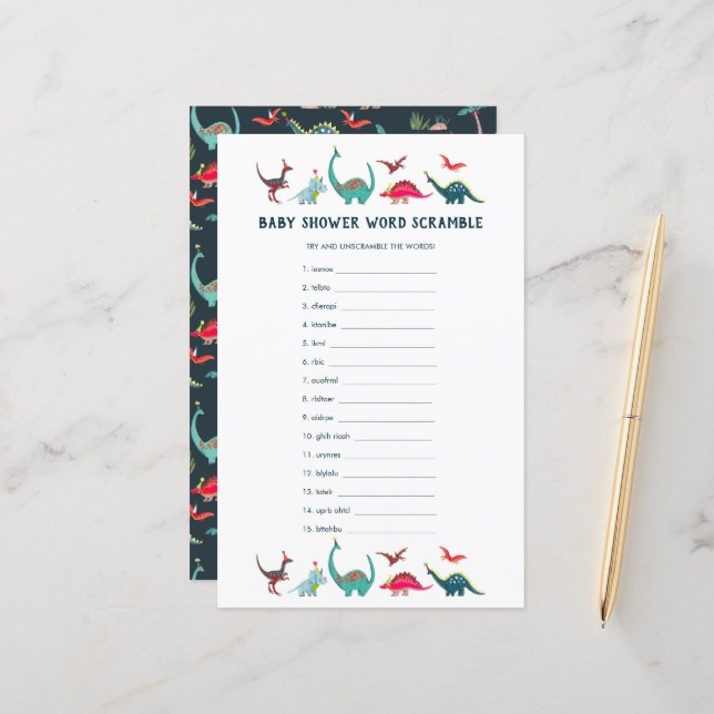 Niedliches Dinosaur Word Scramble Baby Showspiel (Vorderseite/Rückseite Beispiel)