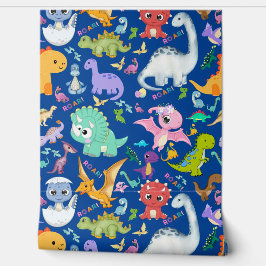 Niedliches Dinosaurier-Muster auf blau | Tapete