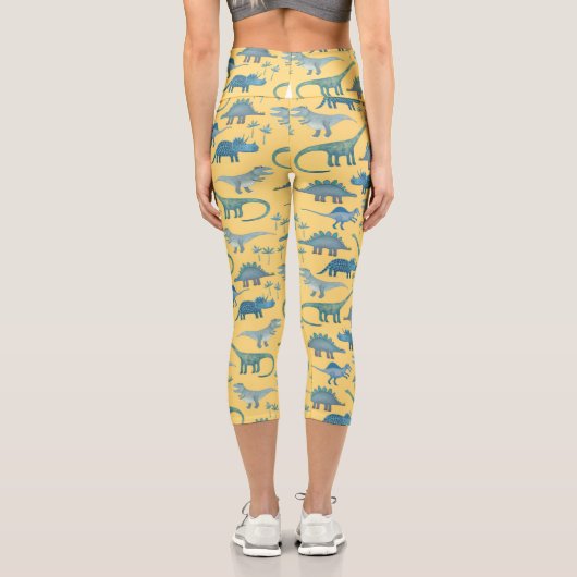 Niedliches Dinosaurier-Muster auf Gelb Capri Leggings (Rückseite)