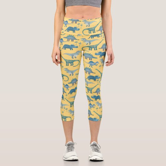 Niedliches Dinosaurier-Muster auf Gelb Capri Leggings (Vorderseite)