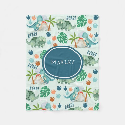 Niedliches Dinosaurier Muster Kids Monogramm Fleecedecke (Vorderseite)