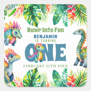 Niedliches Dinosaurier Thema 1. Geburtstag Junge W Quadratischer Aufkleber