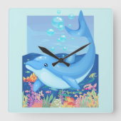 Niedliches Dolphin Bubbles Seebad Quadratische Wanduhr (Vorderseite)