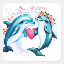 Niedliches Dolphin Couple | Romantische Hochzeit Quadratischer Aufkleber