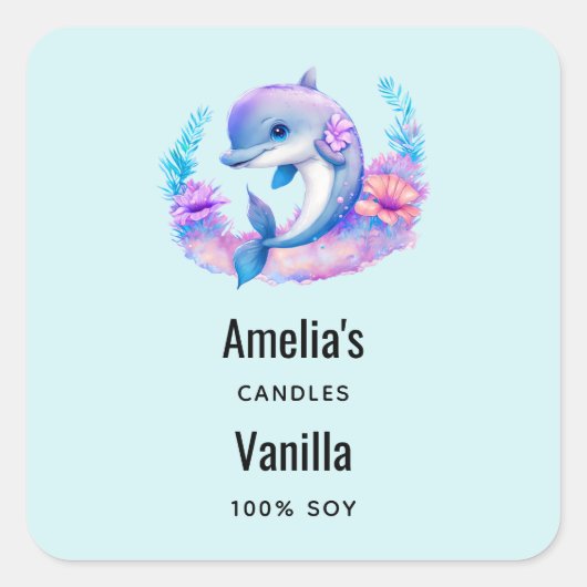 Niedliches Dolphin Sea Creature Candle Business Quadratischer Aufkleber (Vorderseite)