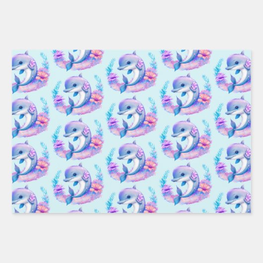 Niedliches Dolphin Sea Creature Muster Geschenkpapier Set (Vorderseite 3)