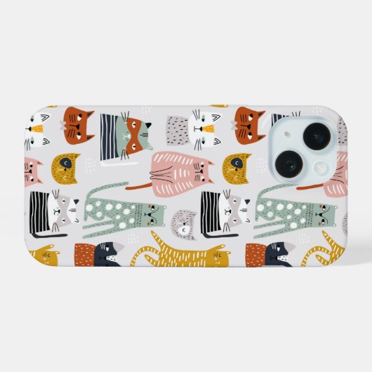 Niedliches Doodle Hand Dragees Katzenmuster iPhone 15 Hülle (Rückseite (Horizontal))