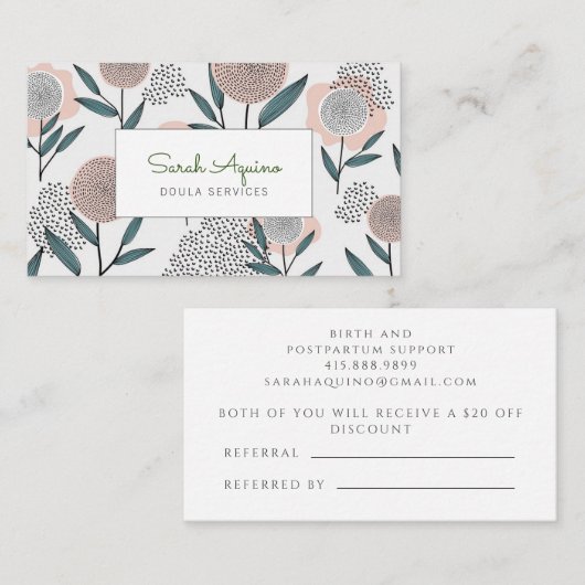 Niedliches Doula Hand gezogenes Blumenmuster Rabattkarte (Vorne/Hinten)