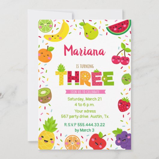 Niedliches dreimonatiges Obst, Fruchtsaft, Geburts Einladung (Vorderseite)