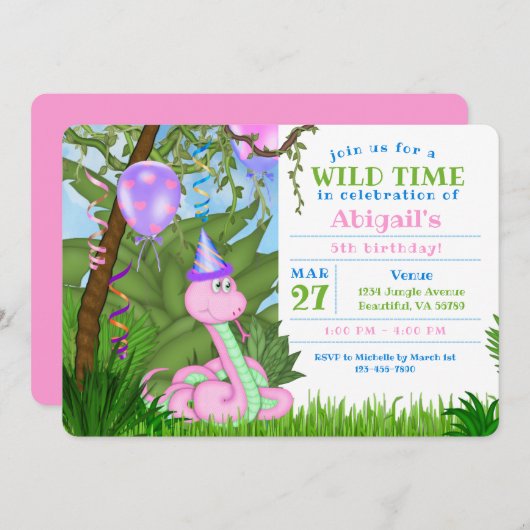Niedliches Dschungelrosa Schlange Kindergeburtstag Einladung (Vorne/Hinten)