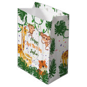 Niedliches Dschungeltier Party personalisierter Na Mittlere Geschenktüte (Vorderseite Schrägansicht)