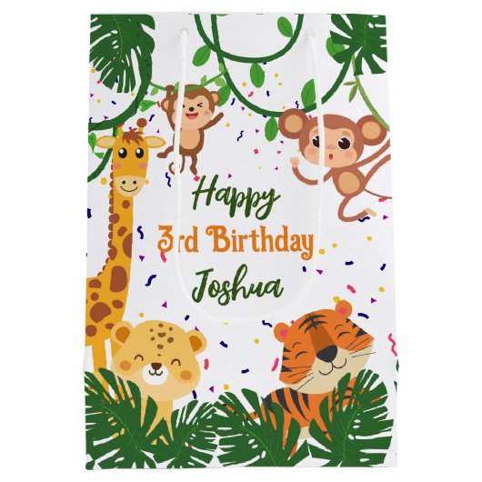 Niedliches Dschungeltier Party personalisierter Na Mittlere Geschenktüte (Rückseite)