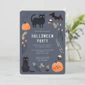 Niedliches dunkles Halloween Cat Bat Pumpkin-Party Einladung (Stehend Vorderseite)