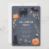 Niedliches dunkles Halloween Cat Bat Pumpkin-Party Einladung (Vorderseite)