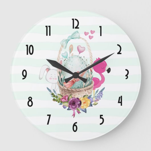 Niedliches Ei in einem Korb mit Flamingo und Bunny Große Wanduhr (Vorderseite)