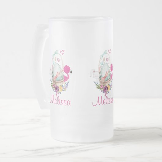 Niedliches Ei in einem Korb mit Flamingo und Bunny Mattglas Bierglas (Vorderseite Links)