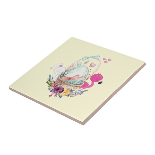 Niedliches Ei, rosa Flamingo & Bunny, Aquarell Fliese (Seite)