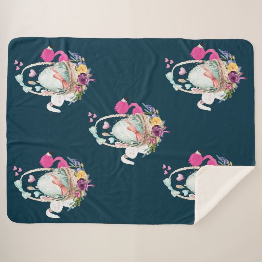 Niedliches Ei, rosa Flamingo & Bunny, Aquarell Sherpadecke (Vorderseite (Horizontal))