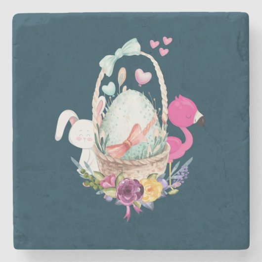 Niedliches Ei, rosa Flamingo & Bunny, Aquarell Steinuntersetzer (Vorderseite)