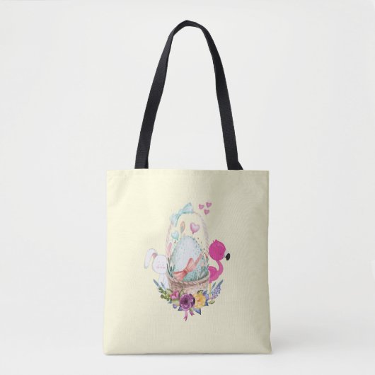 Niedliches Ei, rosa Flamingo & Bunny, Aquarell Tasche (Vorderseite)