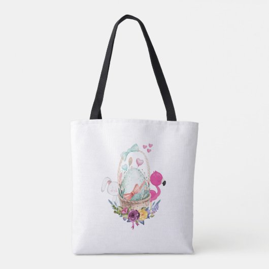 Niedliches Ei, rosa Flamingo & Bunny, Aquarell Tasche (Rückseite)
