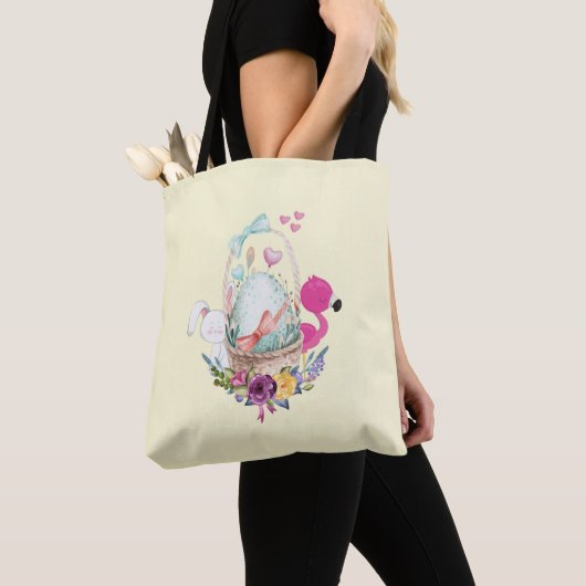 Niedliches Ei, rosa Flamingo & Bunny, Aquarell Tasche (Von Nahem)