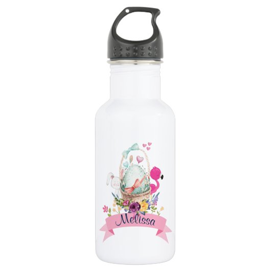 Niedliches Ei, rosa Flamingo & Bunny, /w Ribbon Edelstahlflasche (Vorderseite)