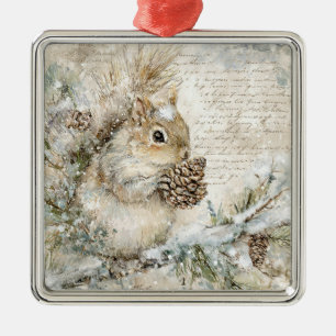 Niedliches Eichhörnchen auf dem Kiefernzweig. Vint Ornament Aus Metall