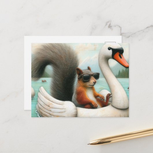 Niedliches Eichhörnchen auf einer Swan Floatie Postkarte (Vorderseite/Rückseite Beispiel)