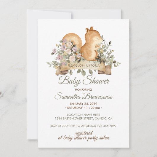 Niedliches Eichhörnchen Botanische Ribbon Babydusc Einladung (Vorderseite)
