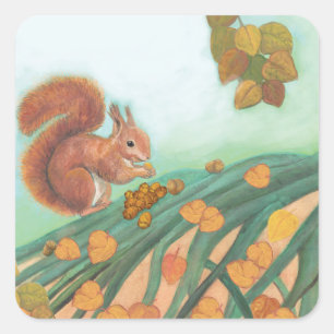 Niedliches Eichhörnchen Eating Hazelnut Illustrati Quadratischer Aufkleber