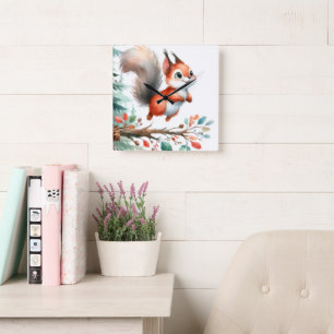 Niedliches Eichhörnchen Farbe Herbst Kinderzimmer  Quadratische Wanduhr
