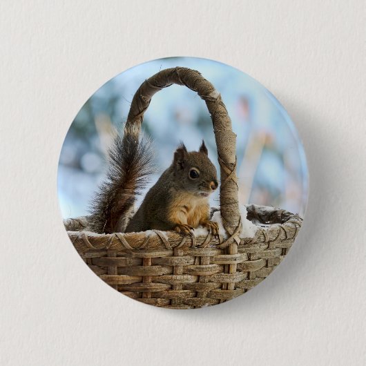 Niedliches Eichhörnchen in einem Korb im Winter Button (Vorderseite)