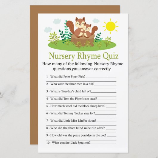 Niedliches Eichhörnchen-Kinderzimmer Rhyme Quiz Ki (Vorne/Hinten)