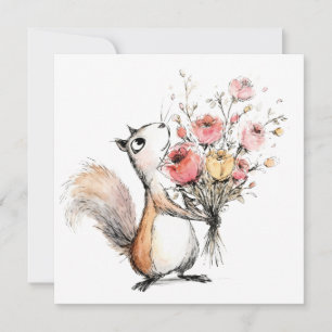 Niedliches Eichhörnchen mit Blumenstrauß Einladung