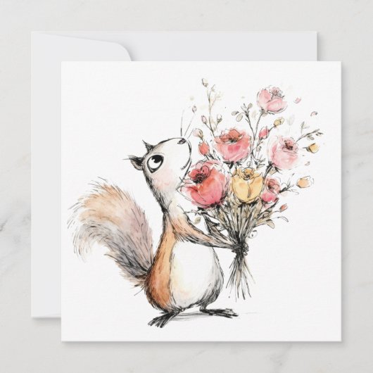 Niedliches Eichhörnchen mit Blumenstrauß Einladung (Vorderseite)