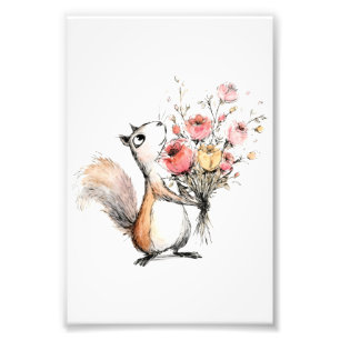 Niedliches Eichhörnchen mit Blumenstrauß Fotodruck